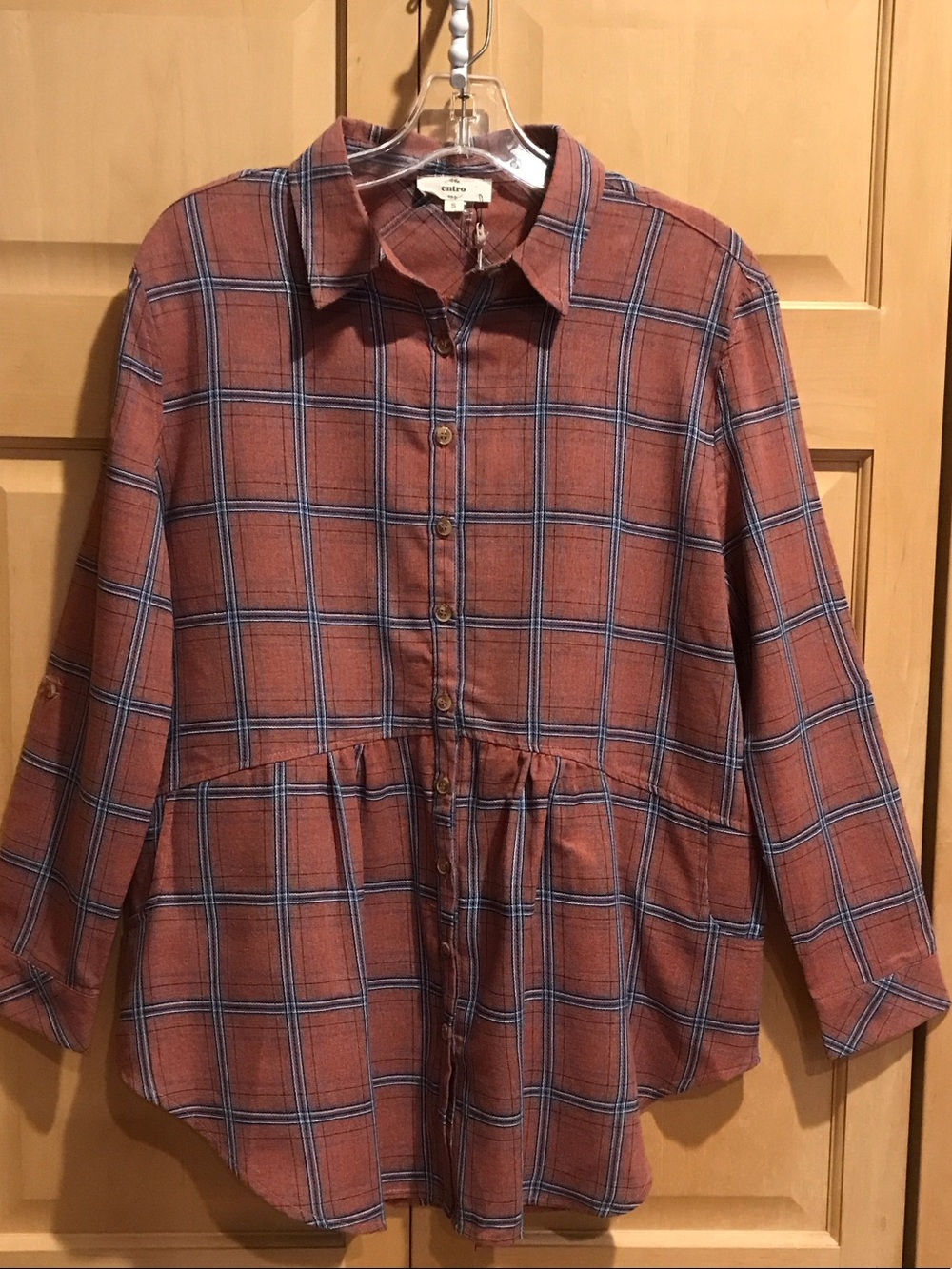 New entro Rust Plaid Button-Front Peplum Top with Blue Windowpane